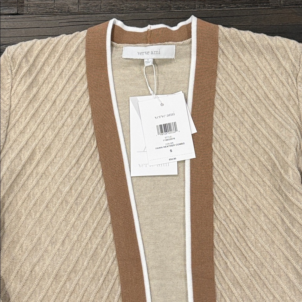 Verve Ami Cardigan Fawn Heather Combo Tan Stripe Ribbed Long Sleeve S - Picture 9 of 16